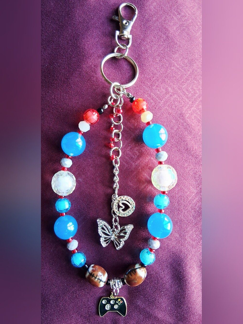 Football & Game Controller Keychain W/Butterfly Pendant